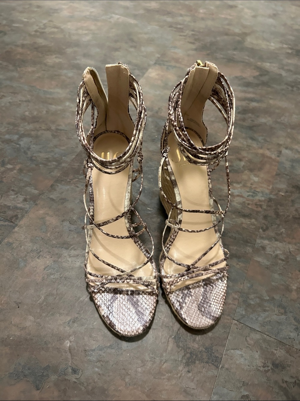 Jennifer Lopez Taupe Snake-Print Wedge Sandals with Jute Platform - Picture 16 of 16